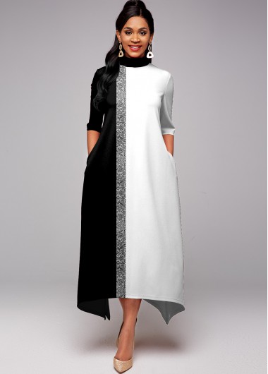 Rosewe Cocktail Party Dress Double Side Pocket Contrast Sequin Dress - S