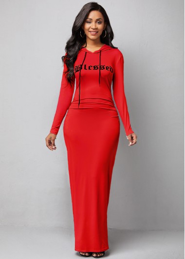 Rosewe Cocktail Party Dress Letter Print Long Sleeve Hooded Collar Dress - M