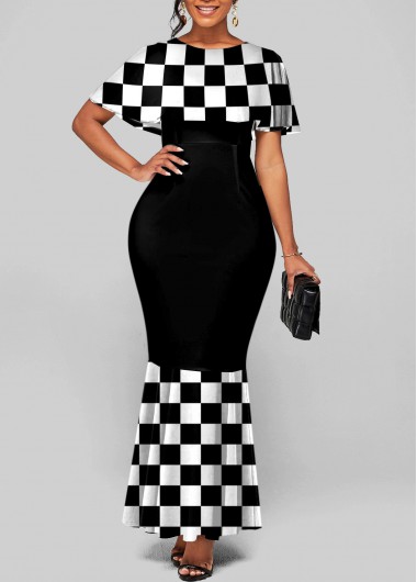 Rosewe Black Dresses Short Sleeve Round Neck Checkerboard Pattern Mermaid Dress - M