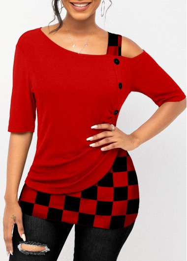 Rosewe Cold Shoulder Plaid Skew Neck T Shirt - M