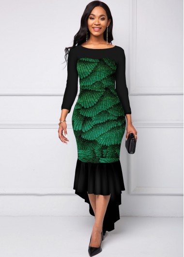 Rosewe Cocktail Party Dress Foil Printing Three Quarters Sleeve Maxi Dress - S