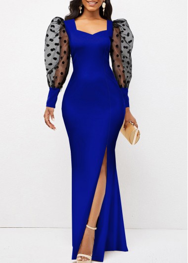 Rosewe Cocktail Party Dress Polka Dot Side Slit Mesh Stitching Long Sleeve Dress - L