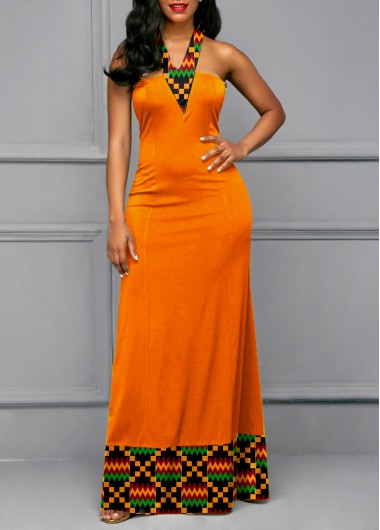 Halloween Rosewe Women Orange Tribal Print Tie Back Backless Maxi Cocktail Party Dress Halter Neck Sleeveless Elegant Dress - L