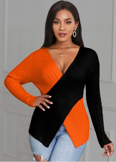 Rosewe Trendy Contrast Cross Front Asymmetric Hem Sweater - M