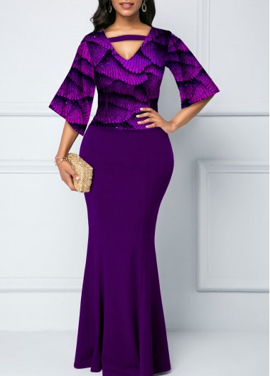 Rosewe Cocktail Party Dress Hot Stamping Print 3/4 Sleeve Sequin Mermaid Dress - M