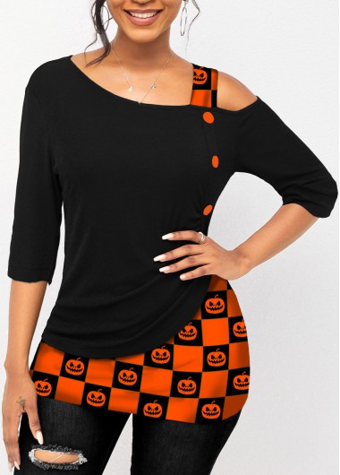 Rosewe Skew Neck Plaid Faux Two Piece T Shirt - M