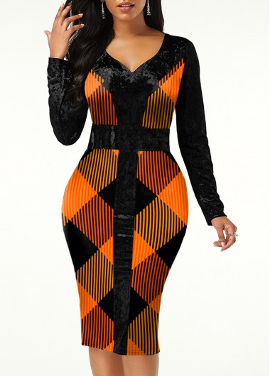 Halloween Rosewe Women Orange Plaid Printed Long Sleeve Sweetheart Neckline Work Dress Bodycon Midi Elegant Dress - XXL