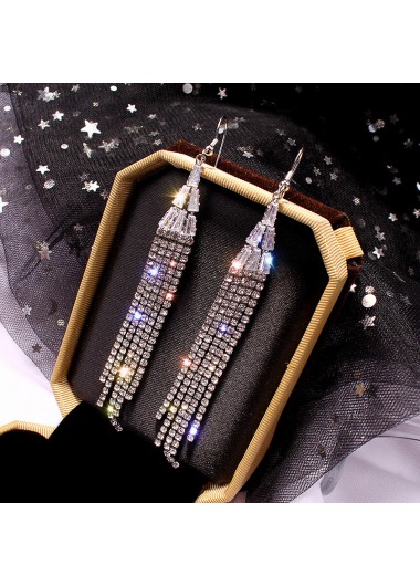 Rosewe Chic Tassel Design Rhinestone Detail Silver Earrings - One Size
