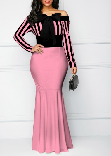 Rosewe Cocktail Party Dress Off Shoulder Bowknot Long Sleeve Dress - S