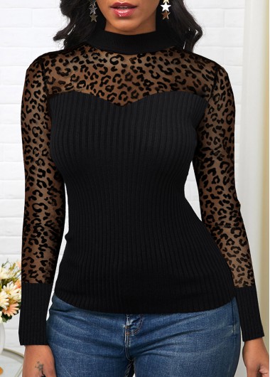 Rosewe Long Sleeve Leopard Mock Neck T Shirt - M
