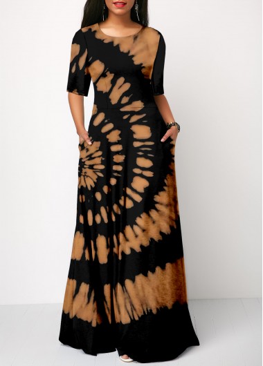 Rosewe Black Dresses Round Neck Tie Dye Print Half Sleeve Dress - S