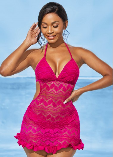 Rosewe Open Back Lace Solid Halter Swimdress and Panty - XL