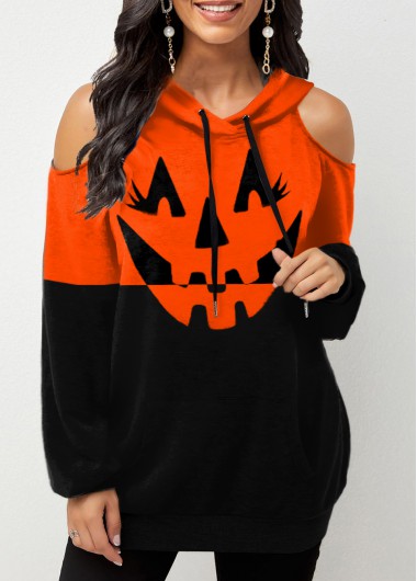 Rosewe Halloween Print Cold Shoulder Pocket Hoodie - S