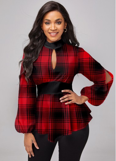 Rosewe Asymmetric Hem Long Sleeve Plaid Blouse - XL