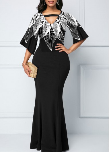 Rosewe Black Dresses 3/4 Sleeve Cutout Front Floral Print Maxi Dress - M