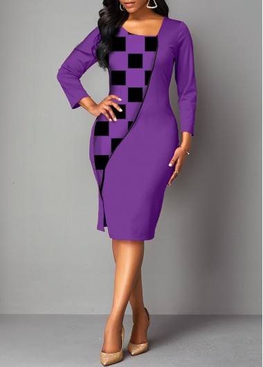 Rosewe Cocktail Party Dress Plaid 3/4 Sleeve Asymmetrical Neck Dress - S