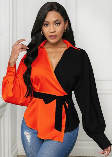 Rosewe Color Block Long Sleeve Turndown Collar Blouse - L