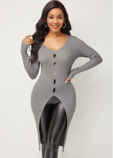 Rosewe Trendy Long Sleeve Front Slit Cutout Design Sweater - L