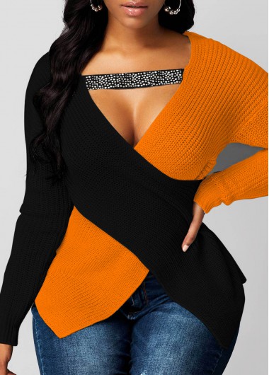 Rosewe Trendy Contrast Asymmetric Hem Long Sleeve Sweater - S