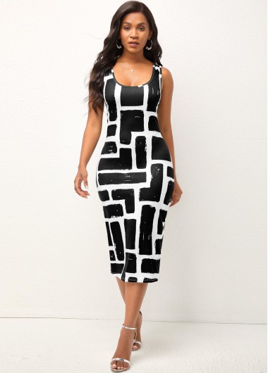 Rosewe Black Dresses Wide Strap Geometric Print Bodycon Dress - 3XL