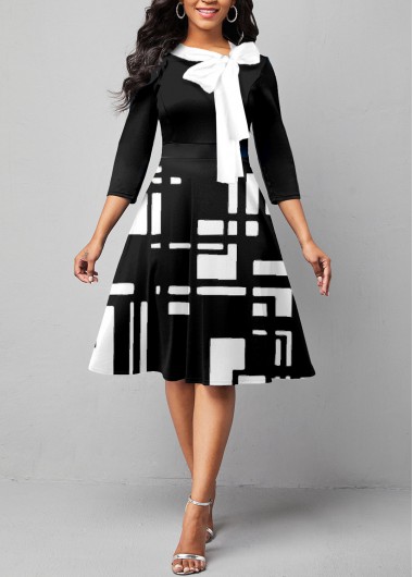 Rosewe Cocktail Party Dress Geometric Print Tie Neck 3/4 Sleeve Dress - XL