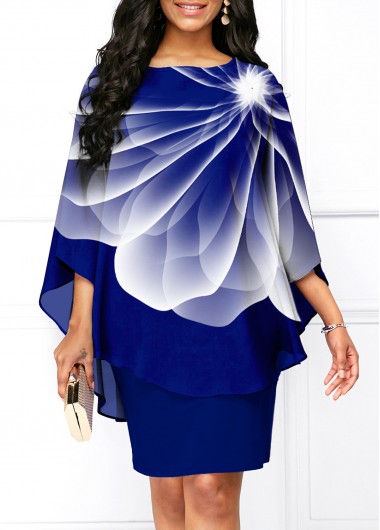 Rosewe Cocktail Party Dress Round Neck Floral Print Cape Sleeve Dress - S