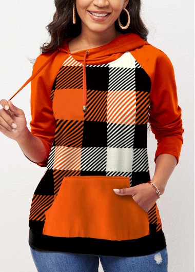 Halloween Rosewe Women Orange Plaid Printed Long Sleeve Tunic Hoodie With Kangaroo Pocket Longline Casual Active Fall Top - S