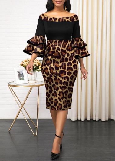 Rosewe Cocktail Party Dress Layered Bell Sleeve Leopard Off Shoulder Dress - S