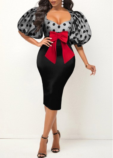 Rosewe Black Dresses Polka Dot Puff Sleeve Bowknot Dress - XXL