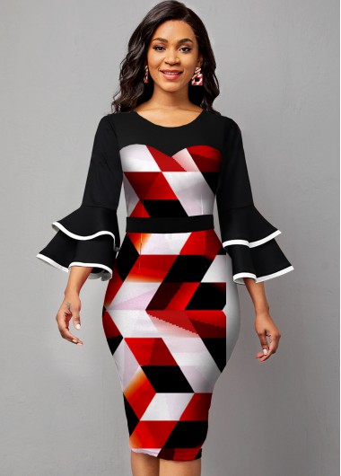 Rosewe Wedding Guest Dress Round Neck Geometric Print Layered Bell Sleeve Dress - XL