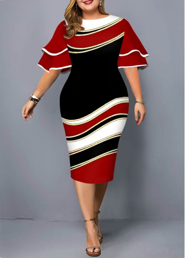 Rosewe Layered Bell Sleeve Geometric Print Plus Size Dress - 1X