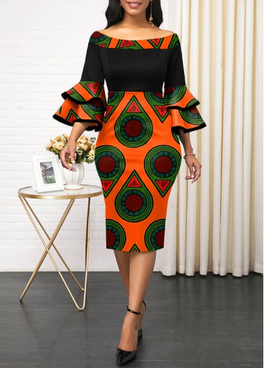 Rosewe Cocktail Party Dress Layered Bell Sleeve Tribal Print Boat Neck Dress - S
