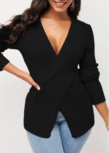 Rosewe Trendy Black V Neck Cross Front Long Sleeve Sweater - S