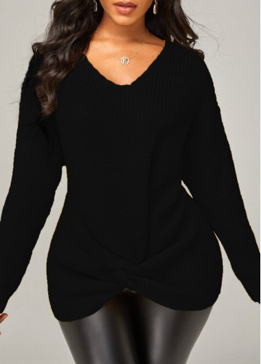 Rosewe Trendy Twist Hem Long Sleeve Black Sweater - M