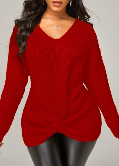 Rosewe Trendy Solid Long Sleeve Twist Hem Sweater - S