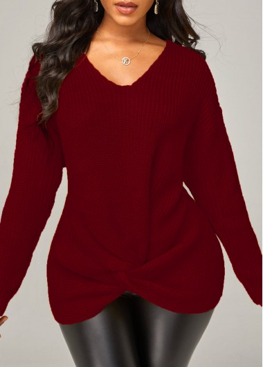 Rosewe Trendy Twist Hem Long Sleeve Red Sweater - S
