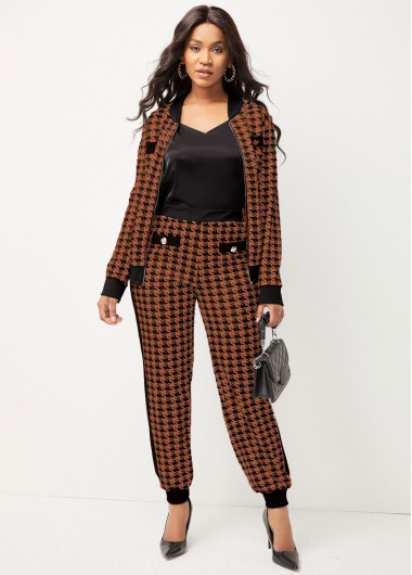 Rosewe Long Sleeve Houndstooth Print Coat and Pants - S