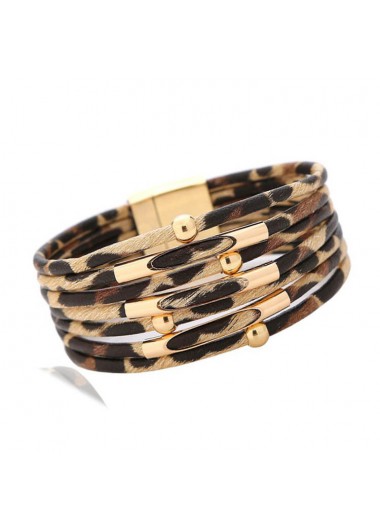 Rosewe Stylish Leather Leopard Design Metal Detail Bangle - One Size