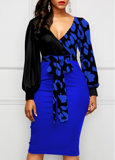 Rosewe Cocktail Party Dress Lantern Sleeve Leopard Bowknot Bodycon Dress - M