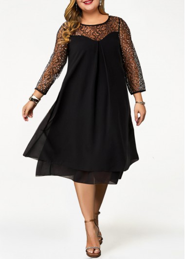 Rosewe Sequin Plus Size Round Neck 3/4 Sleeve Dress - 2X