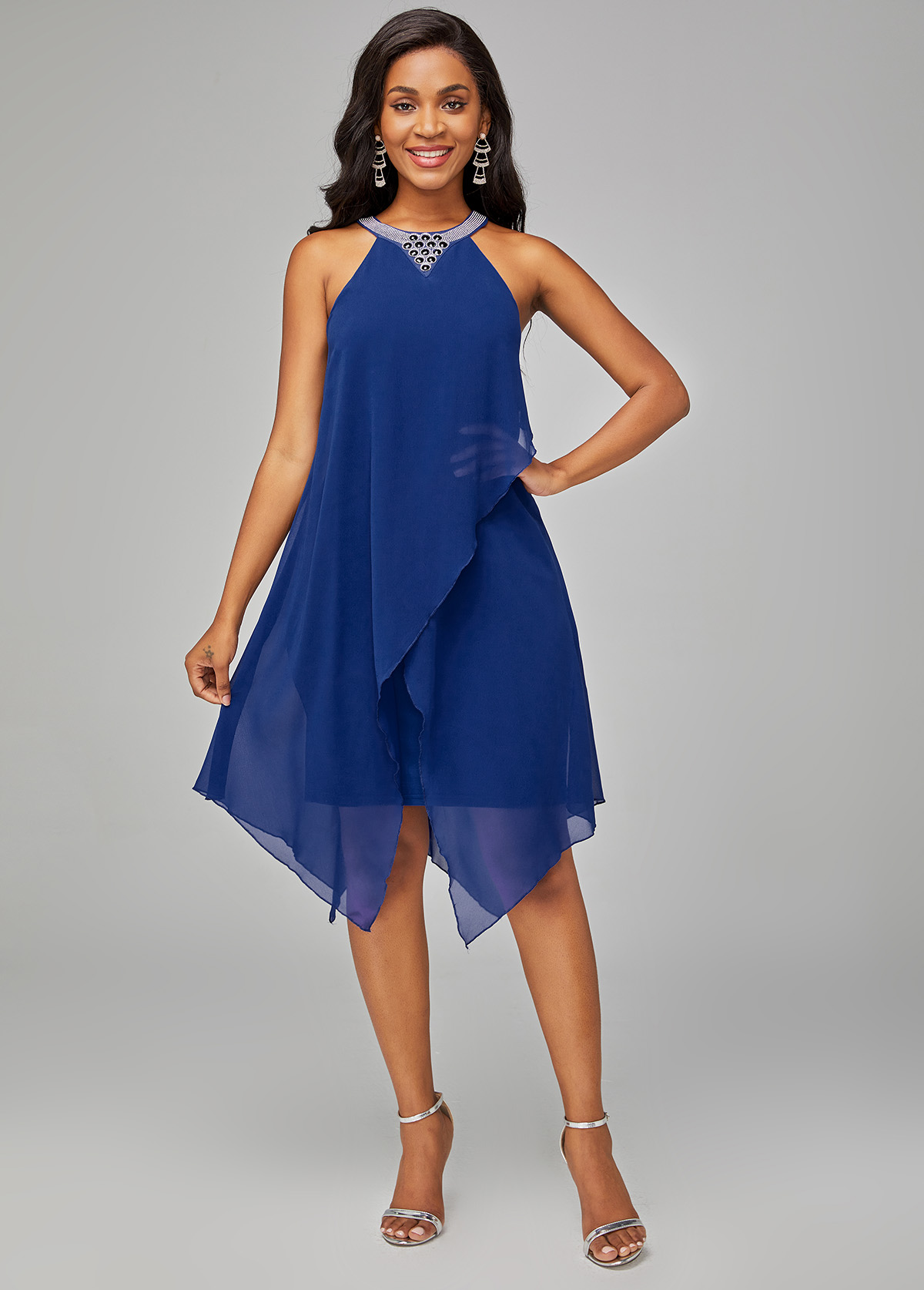 Blue Chiffon Overlay Embellished Neck Dress