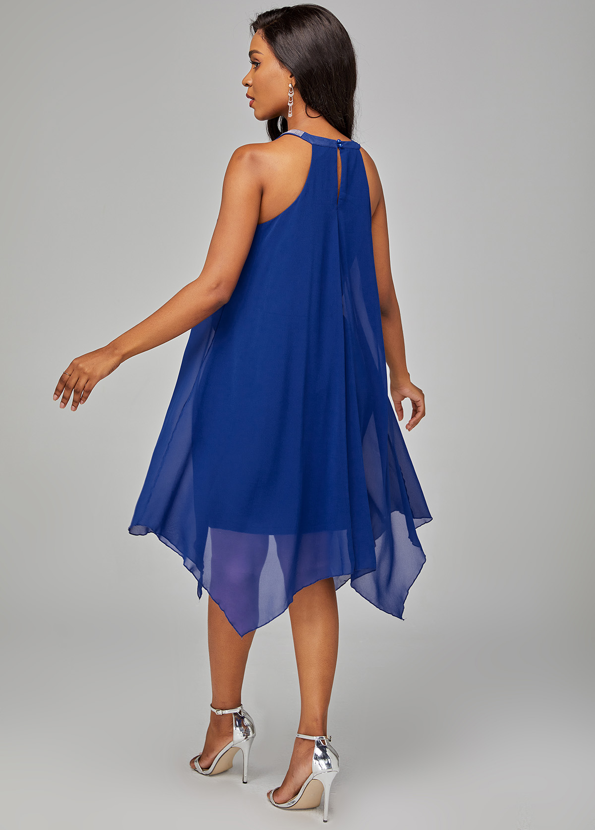 Blue Chiffon Overlay Embellished Neck Dress