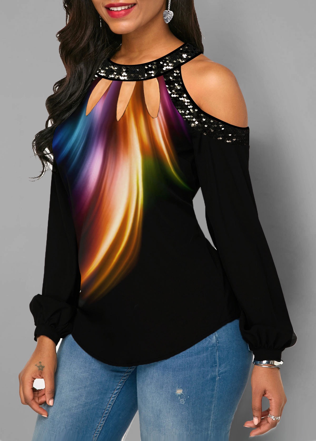 Printed Cold Shoulder Sequin Embellished Rainbow Color T Shirt
