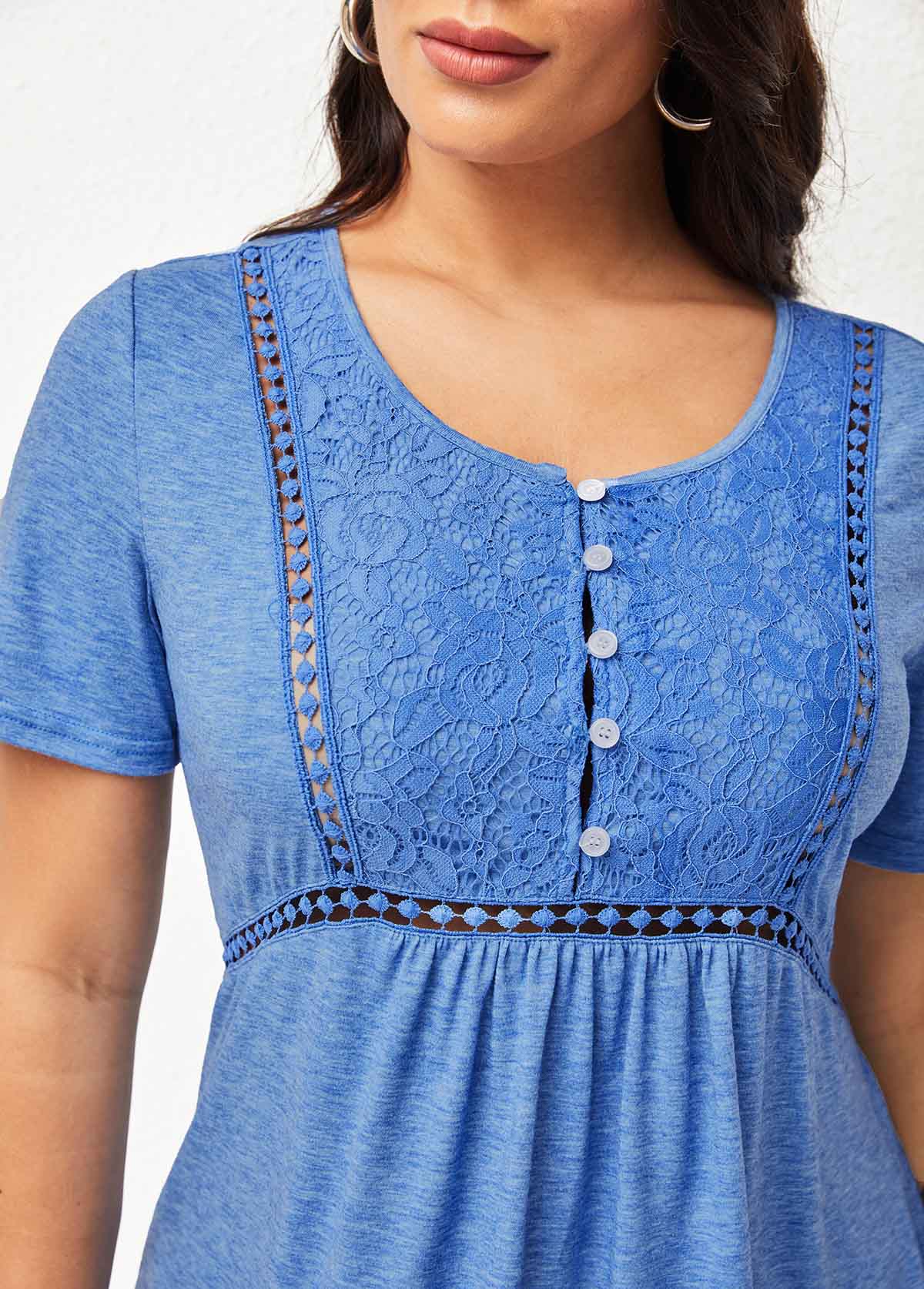 Button Detail Lace Stitching Short Sleeve T Shirt