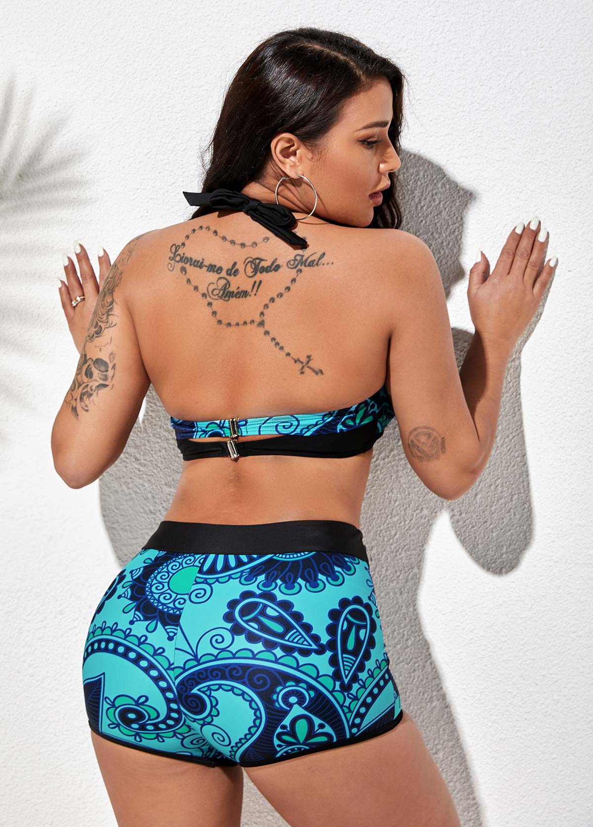 Halter Tribal Print High Waisted Tie Front Bikini Set 