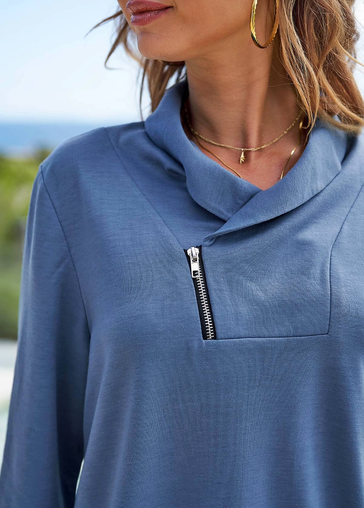 Zipper Detail Long Sleeve Turndown Collar Sweatshirt