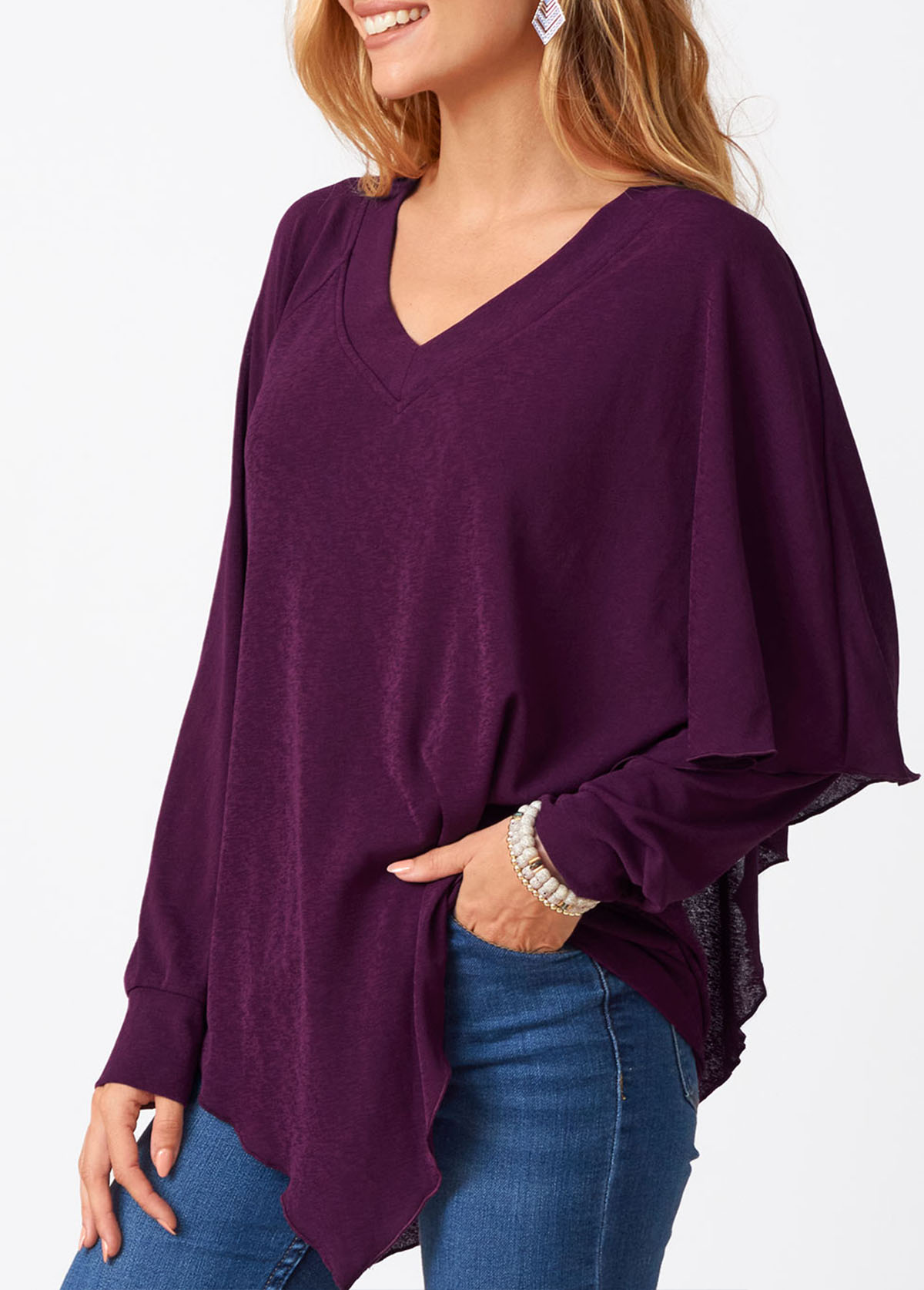 Long Sleeve Asymmetric Hem V Neck T Shirt