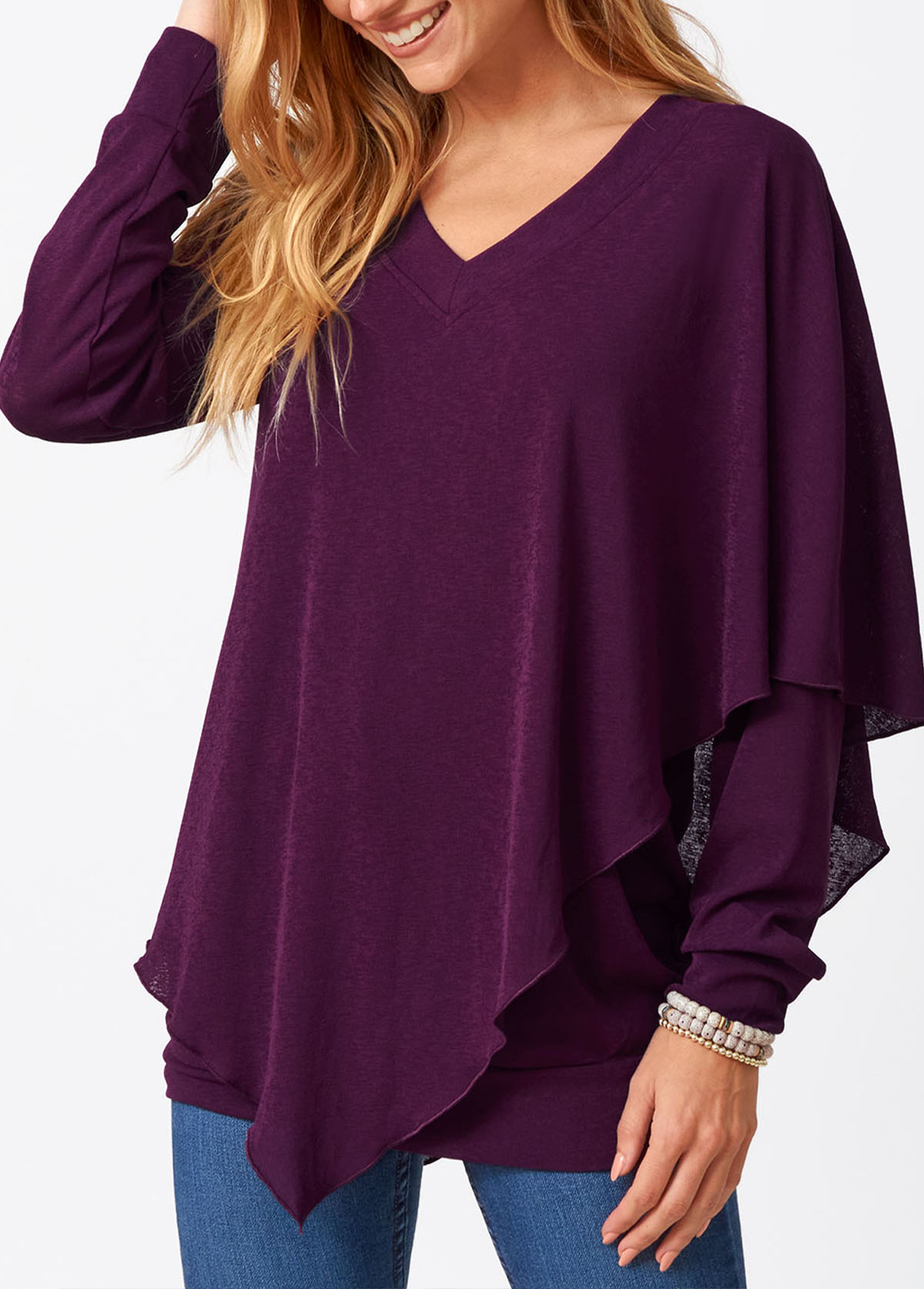 Long Sleeve Asymmetric Hem V Neck T Shirt