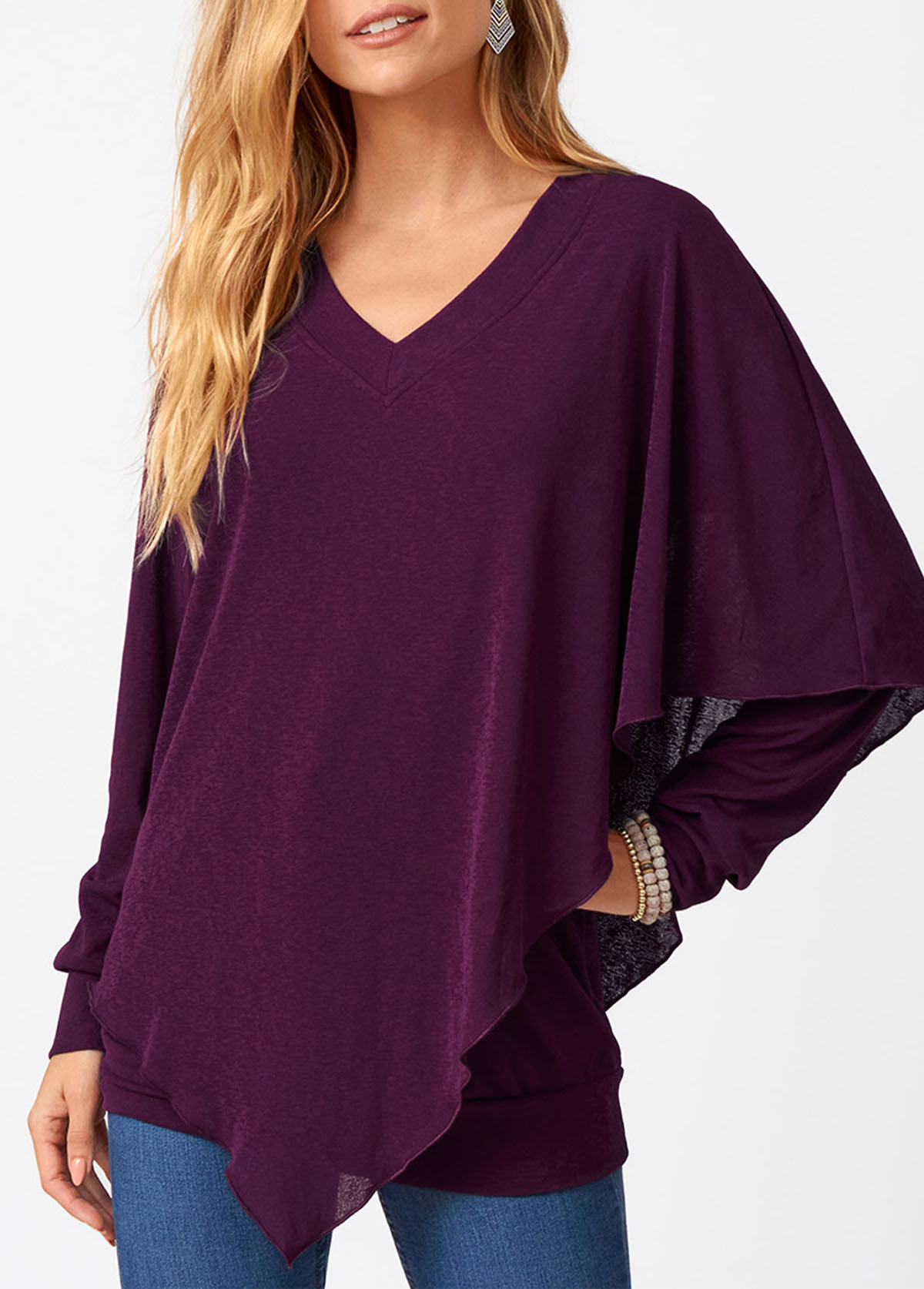 Long Sleeve Asymmetric Hem V Neck T Shirt