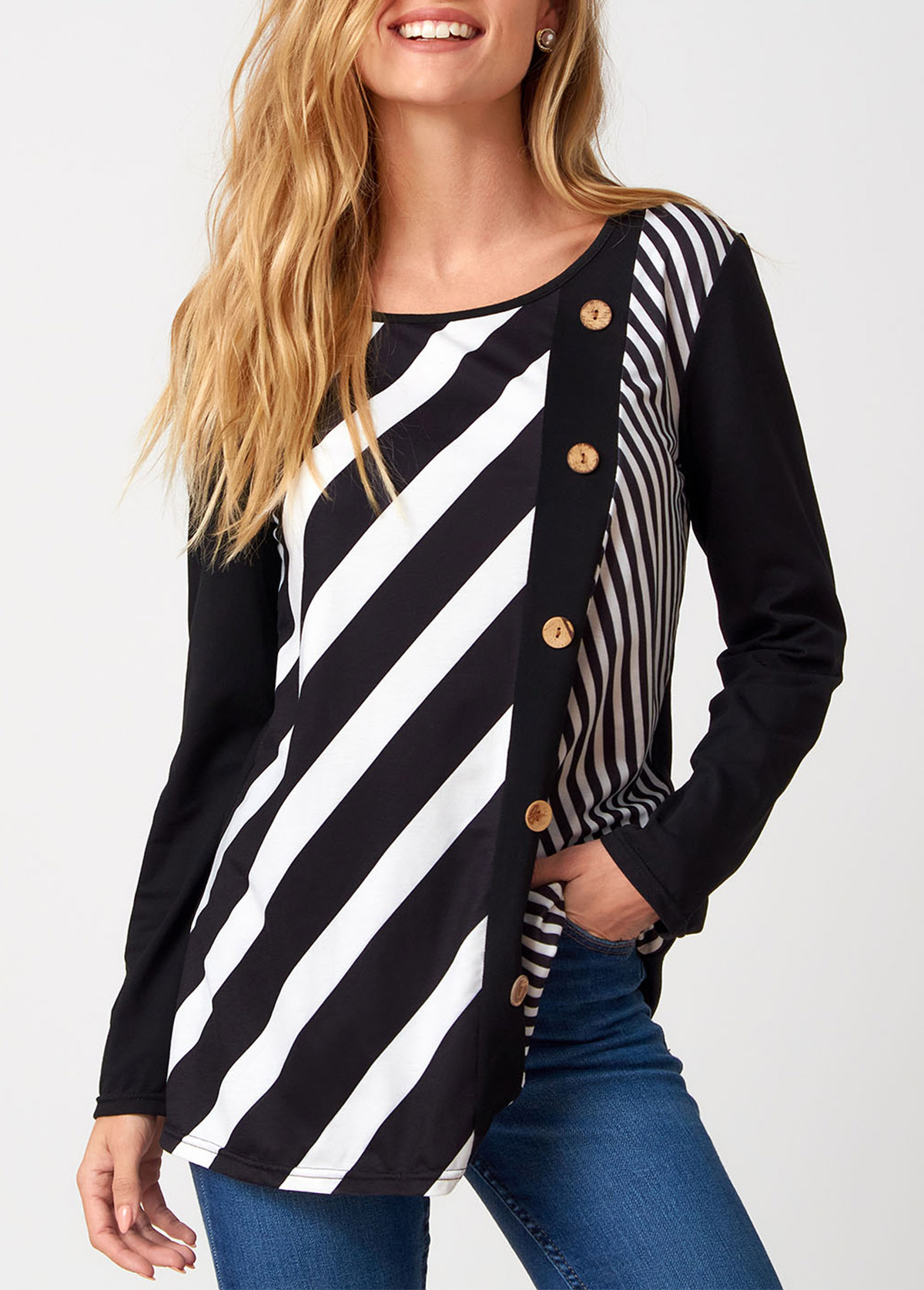 Decorative Button Long Sleeve Stripe Print T Shirt